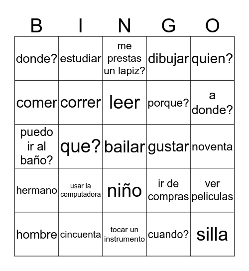Español Bingo Card