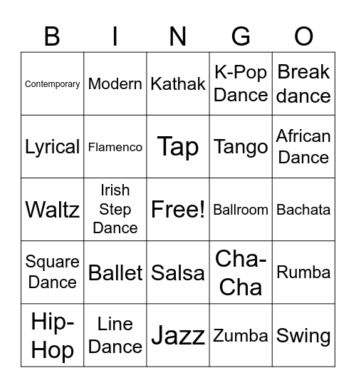 Types of Dance 1 Bingo Card