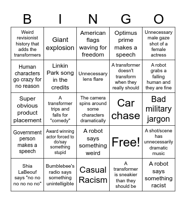 Transformers Movie Bingo Card