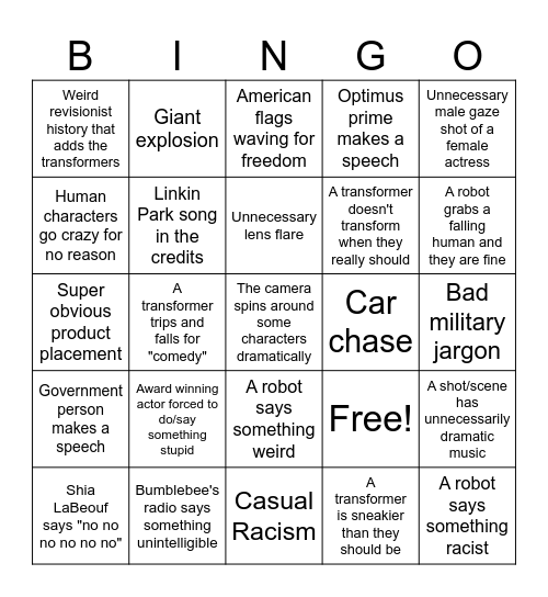 Transformers Movie Bingo Card