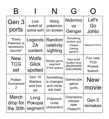 Pokemon Day Direct Bingo Card