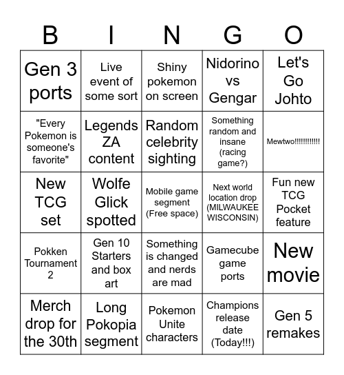 Pokemon Day Direct Bingo Card