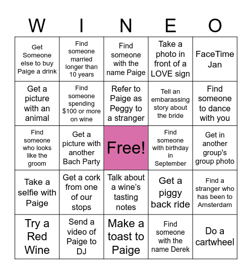 Bachelorette Wine Tasting Bingo Card