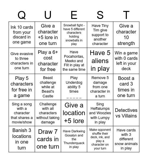 Lorcana Bingo Quests Bingo Card