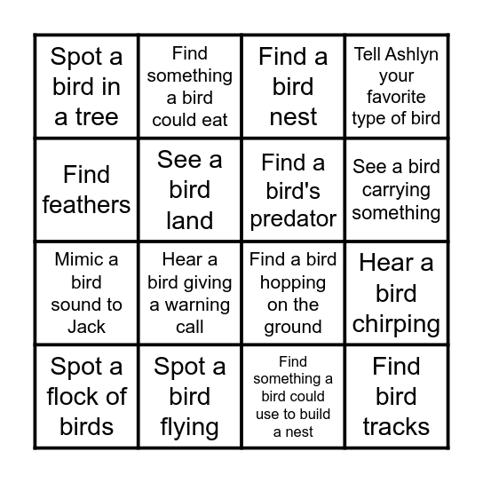 Bird Behavior Scavenger Hunt Bingo Card