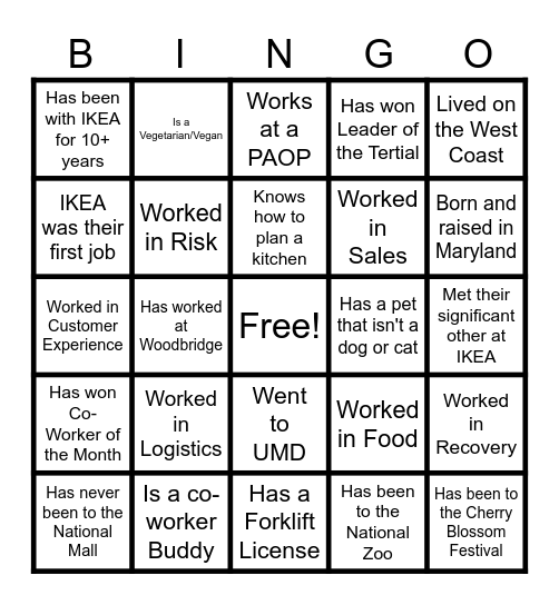 IKEA College Park - Co-Worker BINGO Card