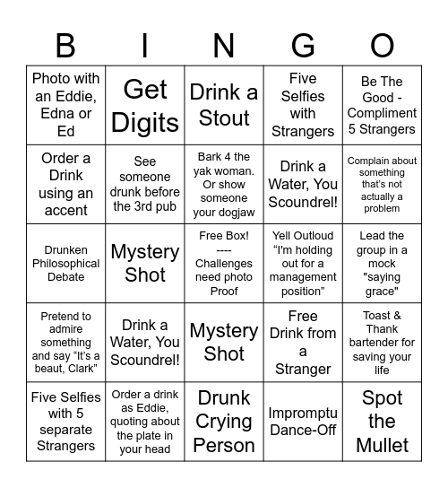 3rd Annual Shenanigans - Cousin Eddie BIRTHDAY PUB CRAWL! Bingo Card