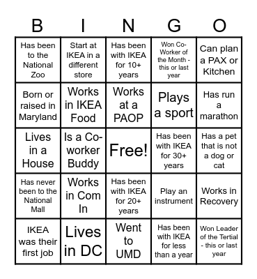 IKEA College Park - Co-Worker BINGI Bingo Card