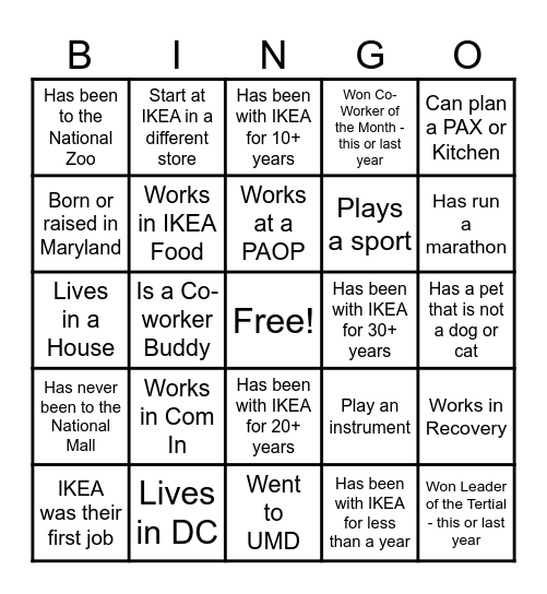 IKEA College Park - Co-Worker BINGI Bingo Card