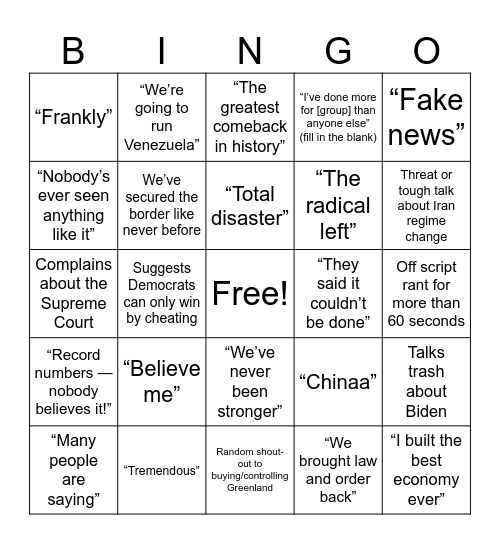 2026 State of the Union Bingo Card