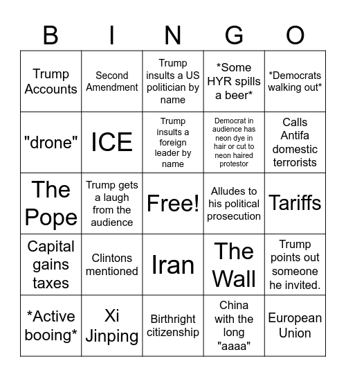 State of the Union Bingo Card