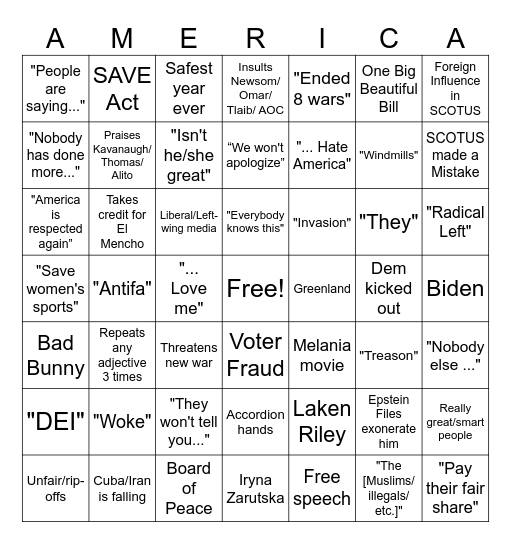 State of the Union 2026 Bingo Card
