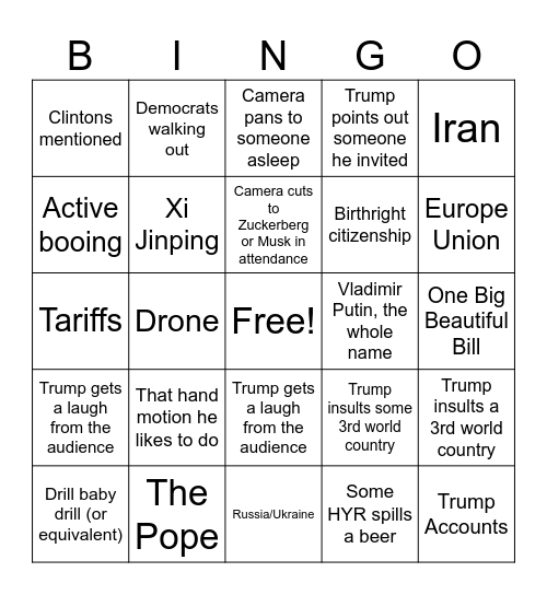State of the Union Bingo Card