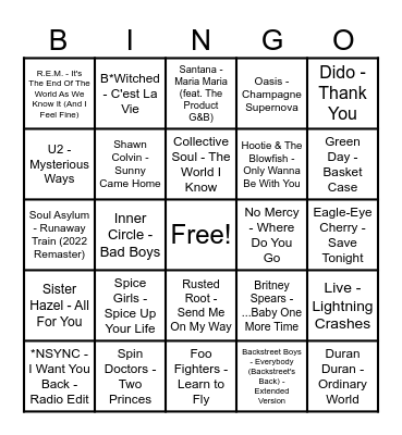 90s Nostalgia Bingo Card