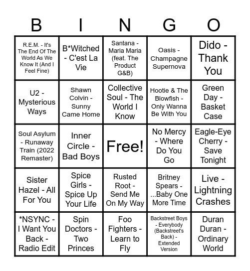 90s Nostalgia Bingo Card