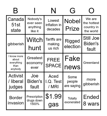 Trump State of the Union Bingo Card
