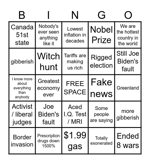 Trump State of the Union Bingo Card