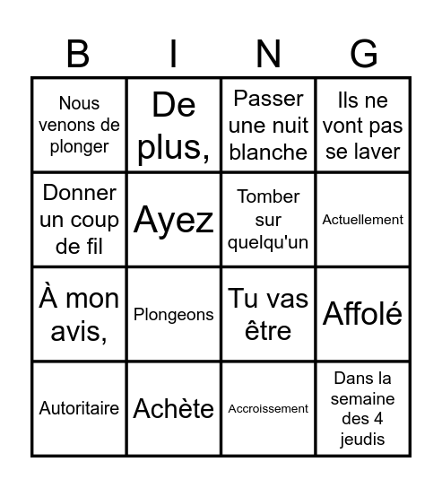 Révision test de verbes #1 Bingo Card
