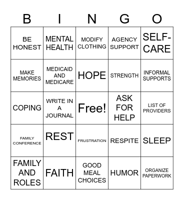 CAREGIVER Bingo Card