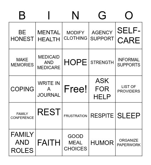 CAREGIVER Bingo Card