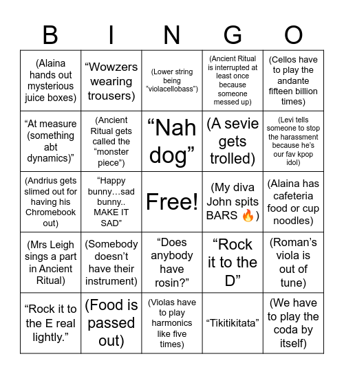 1st Hour Bingo Card