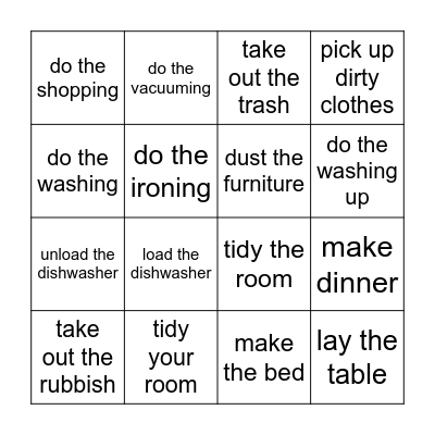Housework Bingo Card