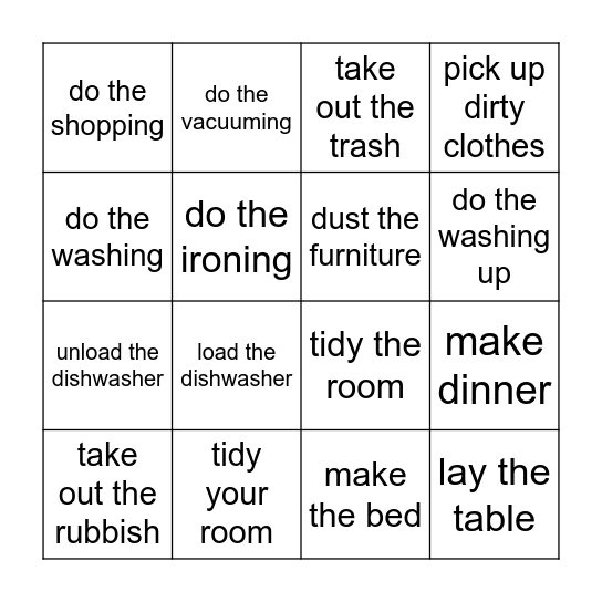 Housework Bingo Card