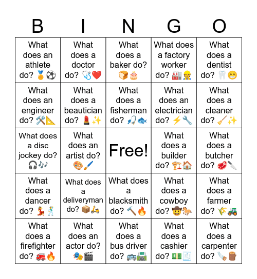 60 Jobs Questions 1-30 Bingo Card