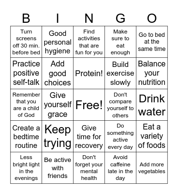 Healthy Habits Bingo Card
