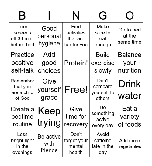 Healthy Habits Bingo Card