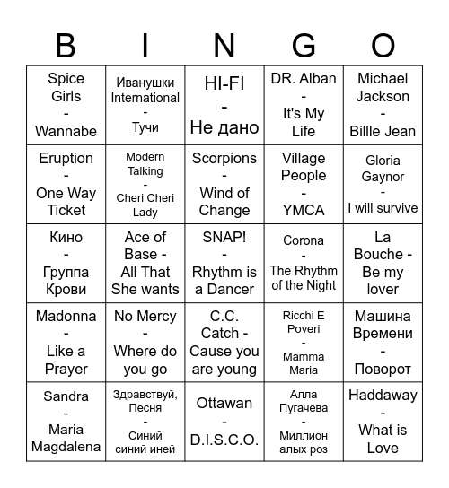 Музыкальное бинго 90-ые Bingo Card