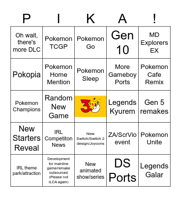 Pokemon Direct Predictions Bingo Card
