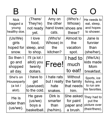 Grammar Bingo Card