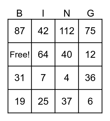 Word Problem Bingo Card