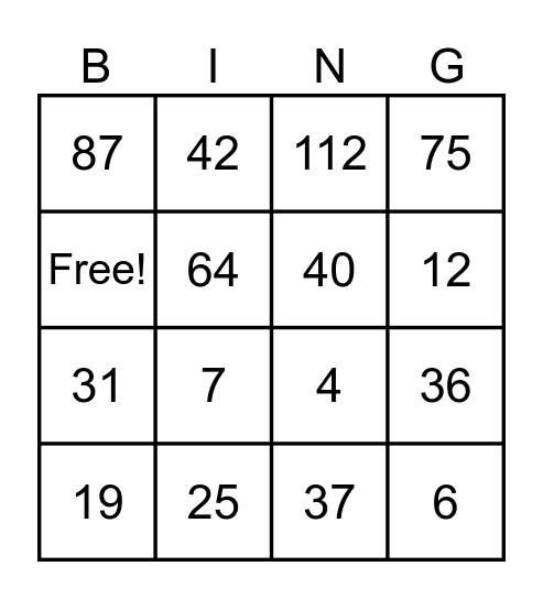 Word Problem Bingo Card