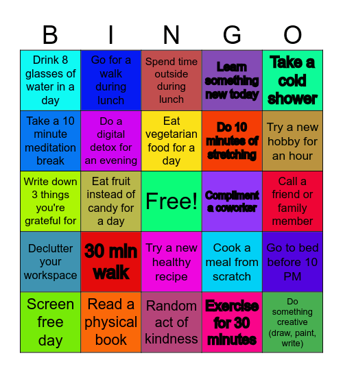 Well-being Bingo Card