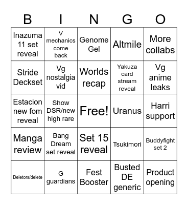 Vanguard Stream Bingo Card