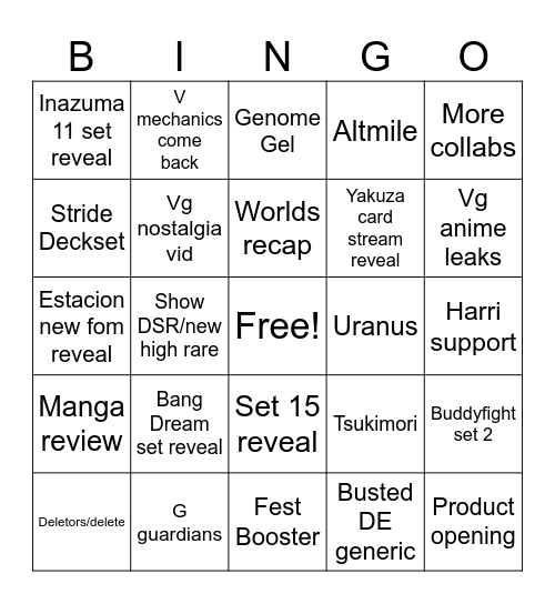Vanguard Stream Bingo Card