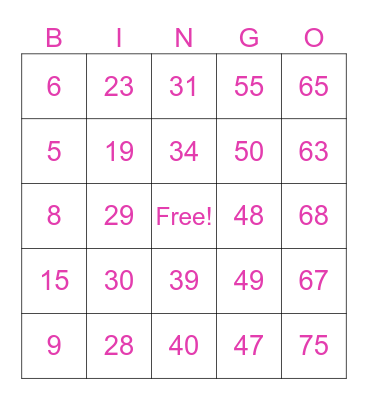 Number Bingo 1-75 Bingo Card