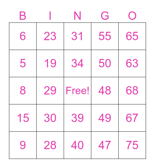 Number Bingo 1-75 Bingo Card