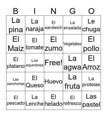 El Comida  Bingo Card