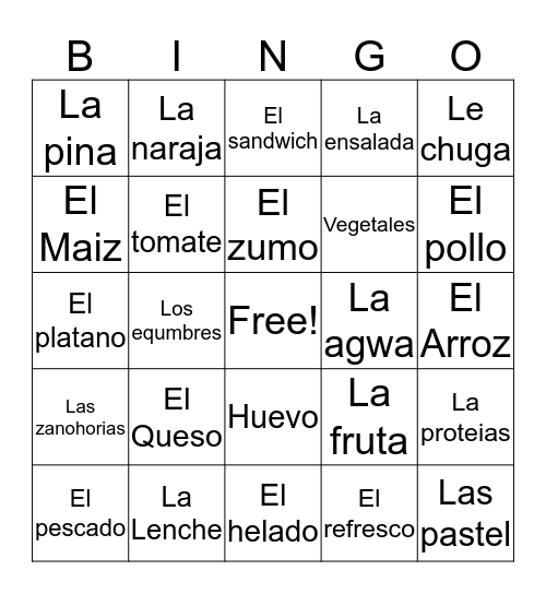 El Comida  Bingo Card