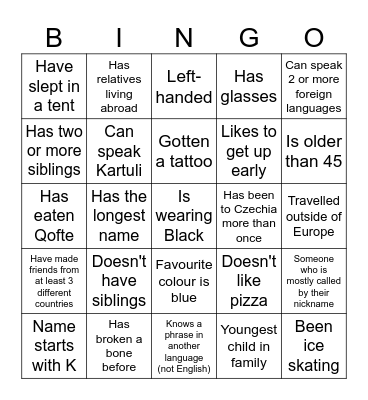 Participant bingo Card