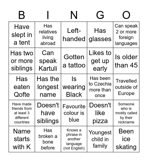 Participant bingo Card