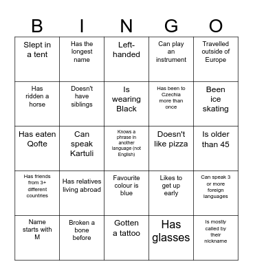 Participant bingo Card