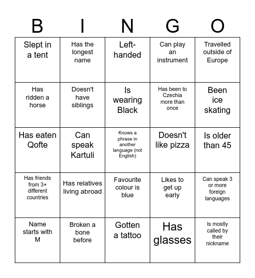 Participant bingo Card