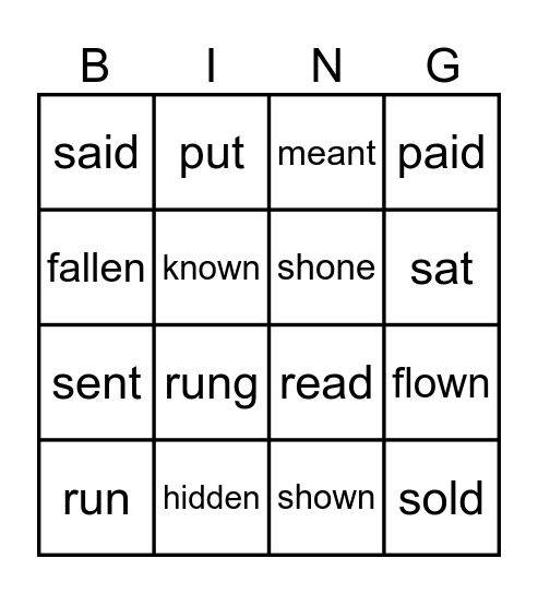 Irreg Verbs Gr 1-4 GIB1 Bingo Card