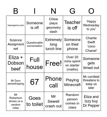 Wednesday Bingo Card
