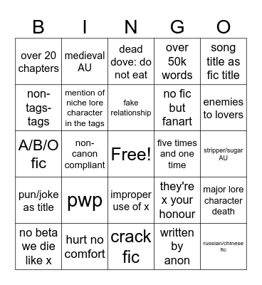 Ao3 BINGO Card