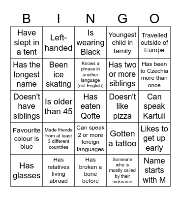 Participant bingo Card